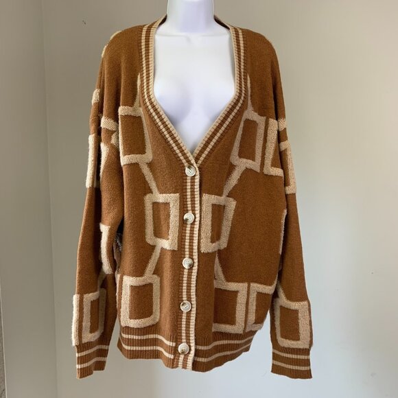 La Miel Cardigan Sweater sz L Button Front Brown Geometric Design Soft - Picture 1 of 7
